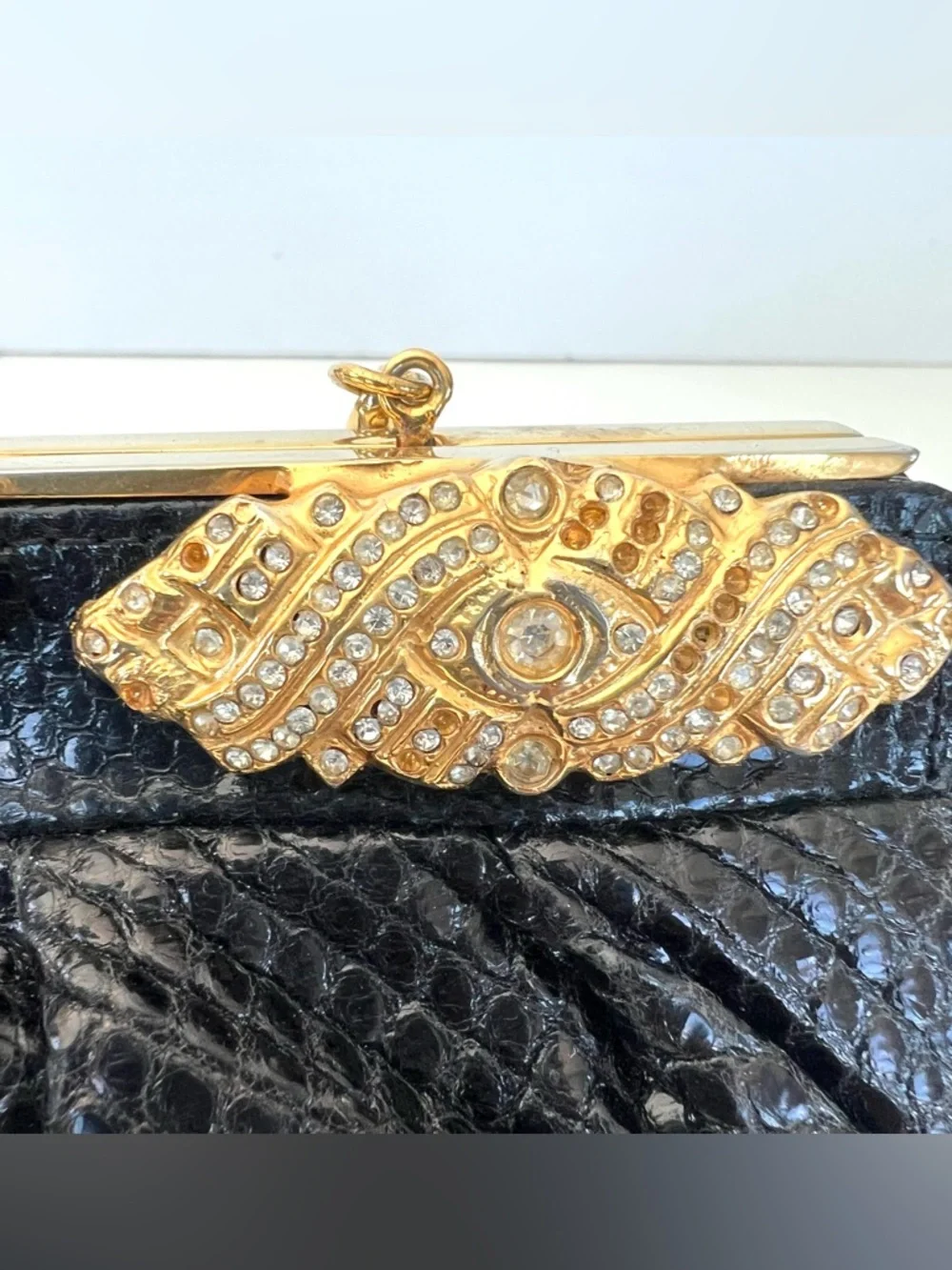 CAROL FIORI Italy Vintage Black Snake Leather Rhinestone Cocktail Evening Purse